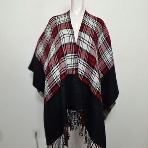 Red Black White Plaid Grunge Bohemian Fringe Hem Cape Poncho One Size